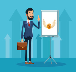 Wall Mural - cartoon businessman standing and presentation board with money coin with wings coin