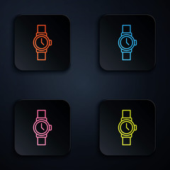 Color neon line Wrist watch icon isolated on black background. Wristwatch icon. Set icons in square buttons. Vector Illustration