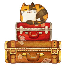 Watercolor Calico Kitten On Vintage Travelling Suitcases