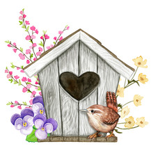 Cute Watercolor Birdhouse With Heart Shaped Hole With Wrena And Flowers