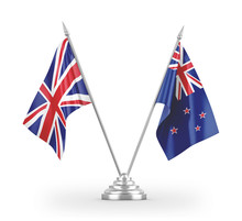 New Zealand And United Kingdom Table Flags Isolated On White 3D Rendering