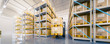 Warehouse or industry building interior. known as distribution center and retail warehouse. Part of storage and shipping system. Included box package, shelf, forklift and concrete floor. 3d render.