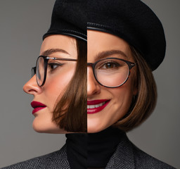 Wall Mural - Beautiful woman brunette in black beret and eyeglasses.