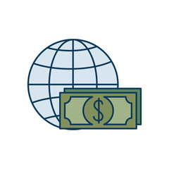 Sticker - bills dollar with sphere isolated icon