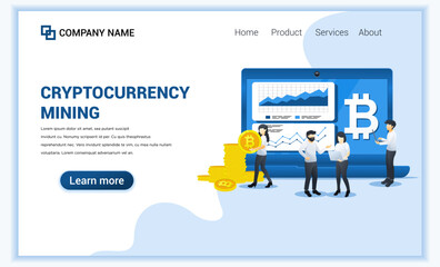 Wall Mural - Cryptocurrency mining concept with people working on screen and laptop displaying graphic data. mining bitcoins. Can used for Web banner, infographics, landing page. Modern flat vector illustration