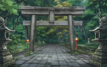 Torii Forest - Overcast , Anime Background , Illustration.	