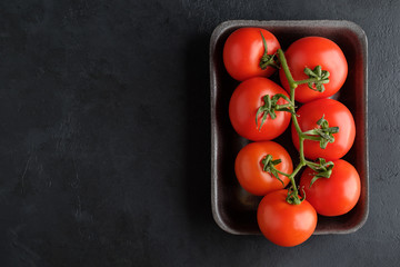 Tomatoes lying in a plastic tray on a black background with copy space