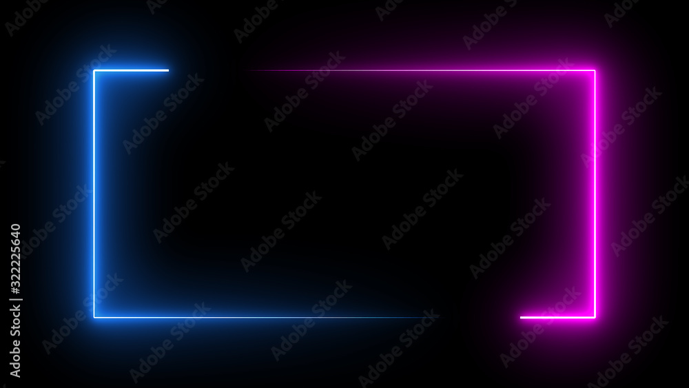 Square rectangle picture frame with two tone neon color motion graphic on isolated black background. Blue and pink light moveing for overlay element. 3D illustration rendering. Empty copy space middle - obrazy, fototapety, plakaty 