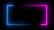 Square Rectangle Picture Frame With Two Tone Neon Color Motion Graphic On Isolated Black Background. Blue And Pink Light Moveing For Overlay Element. 3D Illustration Rendering. Empty Copy Space Middle