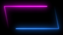 Parallelogram Rectangle Picture Frame With Two Tone Neon Color Shade Motion Graphic On Isolated Black Background. Blue And Pink Light For Overlay Element. 3D Illustration Rendering Wallpaper Backdrop