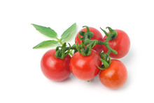 Bunch Of Cherry Tomatoes And Leaf Tomatoes Isolated On White Background.