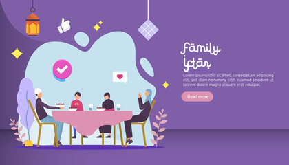 Sticker - Iftar Eating After Fasting feast party concept. Moslem family dinner on Ramadan Kareem or celebrating Eid with people character. web landing page template, banner, presentation, social or print media