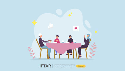 Sticker - Iftar Eating After Fasting feast party concept. Moslem family dinner on Ramadan Kareem or celebrating Eid with people character. web landing page template, banner, presentation, social or print media