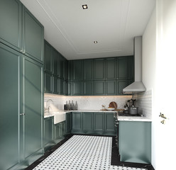 Stylish fully kitchen in modern classic style midnight green spray painted cabinet and white brick tiles install on the wall with marble floor tile / interior design