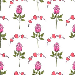 Valentine's day seamless pattern roses and hearts. romantic seamless pattern with red hearts on a color background by day of wedding or valentine's day