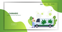 Courier Holding Cardboard Box Near Hemp Truck Cannabis Delivery Service Drug Consumption Medical Marijuana Legalization Concept Horizontal Full Length Copy Space Vector Illustration