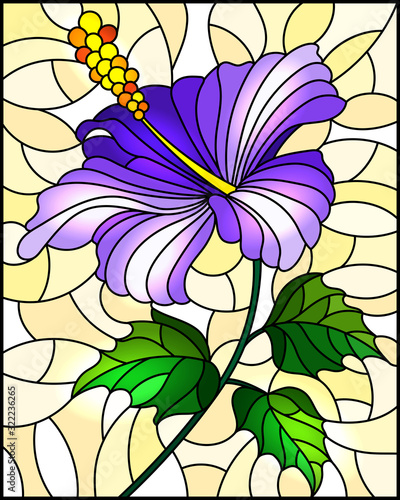 Dekoracja na wymiar  ilustracja-w-stylu-witrazu-z-kwiatami-pakami-i-liscmi-fioletowego-hibiskusa-na-zolto