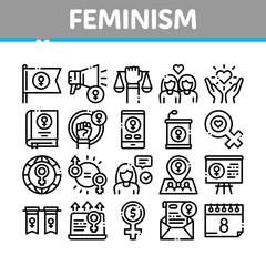 Canvas Print - Feminism Woman Power Collection Icons Set Vector. Feminism Symbol On Flag And Gps Mark, Lesbians And Hand Hold Scales, Equality And Love Concept Linear Pictograms. Monochrome Contour Illustrations