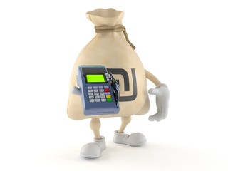 Poster - Shekel money bag character holding credit card reader