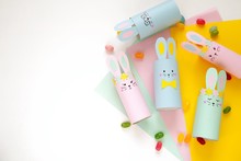 Cute Funny Happy Easter Bunnies Made From Toilet Paper Roll, Crafts For Kids, Easter Decorations, Flat Lay With Copy Space.        