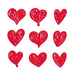 Wall Mural - Doodle hearts set isolated on white background. Vector hand drawn love heart design elements. Clipart objects for decoration.
