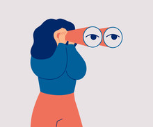 The Woman Looks Through Her Large Binoculars, Looking For Something. The Girl Is Watching Someone Closely. Vector Cartoon Illustration