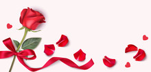  Valentines Day Design Template. Background With Red Rose, Petals And Heart Confetti. Vector Illustration