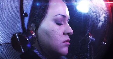Wall Mural - close up 4k shot of the young beautiful female astronaut in space helmet. she is exploring outer spa