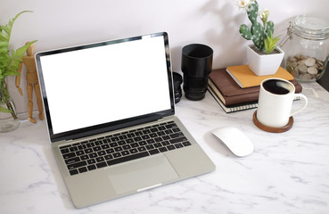 Workspace desk and laptop. copy space and blank screen. Business image, Blank screen laptop and supplies.