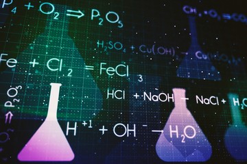 Digital chemical formulas and test tubes on dark background, education concept. 3D Rendering