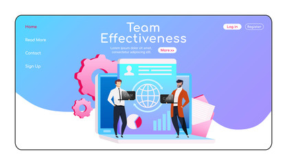 Wall Mural - team effectiveness landing page flat color vector template. smiling employees homepage layout. colla