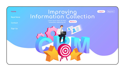 Wall Mural - improving information collection landing page flat color vector template. man sitting on word homepa