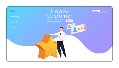 Wall Mural - happy customer landing page flat color vector template. businessman reclining on star homepage layou