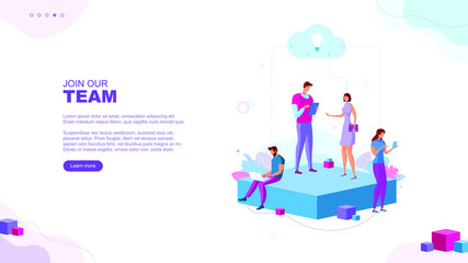 Trendy flat illustration. Join our team page concept. Teamwork. Office workers planing business mechanism, analyze strategy and exchange ideas. Template for your design works. Vector graphics.