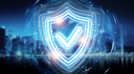 Digital shield protection blue holographic interface 3D rendering