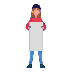 Sticker - cartoon young girl standing and holding a blank sign