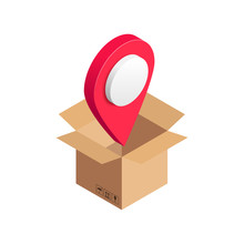 Isometric Opened Cardboard Box With Map Pointer Inside Isolated On Whte Background. 3D Relocation Service Logo, Transport Company, Moving To New House Or Office Concept. Vector Illustration