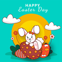 Poster - Happy Easter Day Poster Design with Cartoon Bunny, Printed Eggs and Flowers on Turquoise and Yellow Background.