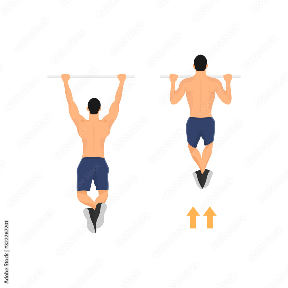Male pull up workout steps. Man hanging on pull up bar. Gym workout ...