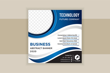 Wall Mural - Square layout templates for social media, mobile apps or flyer. Social media banner with gradient blue and black element designs. Quarter circle space for photo. wavy style match for technology ad.