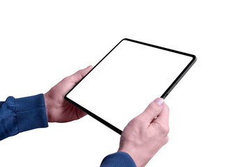 Poster - Isolated tablet mockup in horizontal position in man hands
