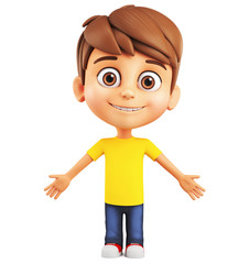 Cartoon character boy points two fingers up on a white background. 3d render illustration.