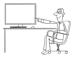 Poster - Vector funny comic cartoon drawing of businessman or man sitting in office chair and pointing at empty computer screen or display.