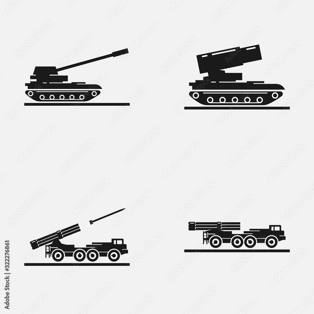 Set of artillery flat vector icons. Includes such elements as multiple ...