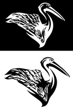 Pelican Bird With Raised Wing Side View Portrait - Profile Animal Black And White Vector Outline Set