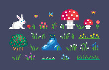 Pixel Art Forest Icons Set.