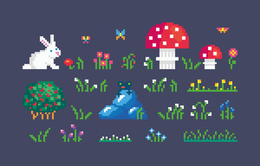 Wall Mural - Pixel art forest icons set.