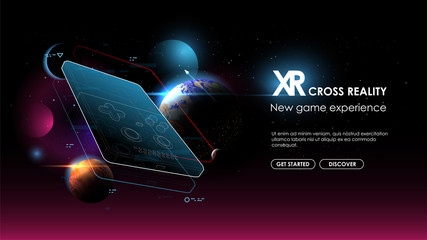 Game console portable handheld, Creative futuristic concept. Modern template for web and print. Cross reality concept.