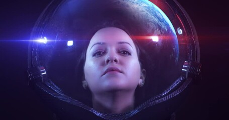 Wall Mural - portrait 4k shot of the young smiling female astronaut in space helmet. she is exploring outer space