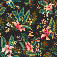 seamless floral pattern. tropical floral tropical pattern with hibiscus and palm tree leaves on dark background